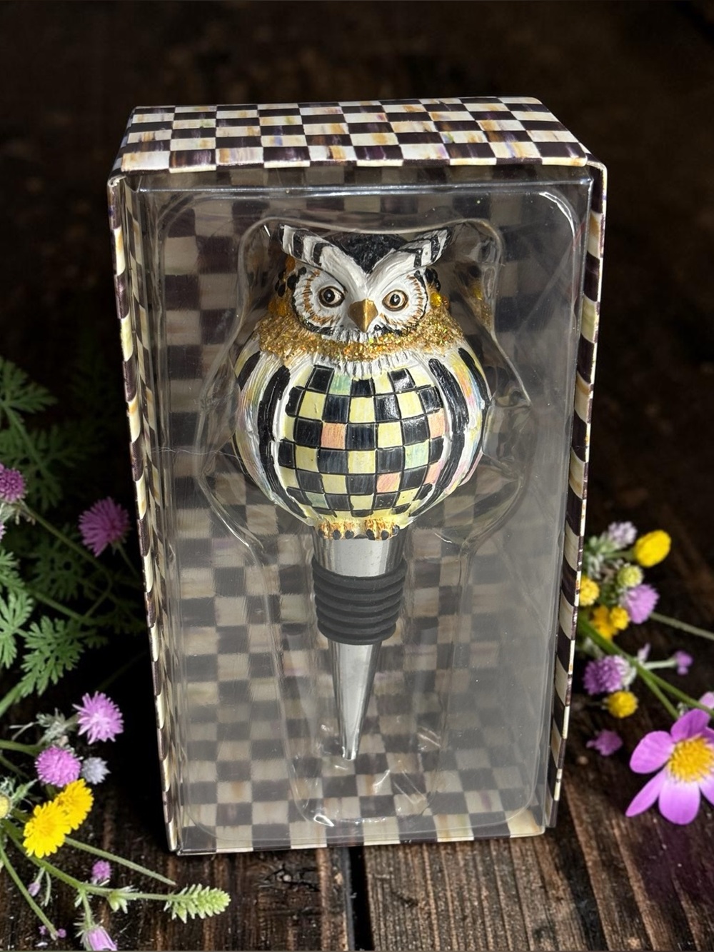 McKenzie Childs Courtly Checkered Hoot Owl Bottle Stopper Wine Accessory Gold